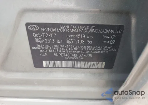 2008 Hyundai Sonata Gls V6 из США, поврежденный, VIN 5NPET46F48H377008